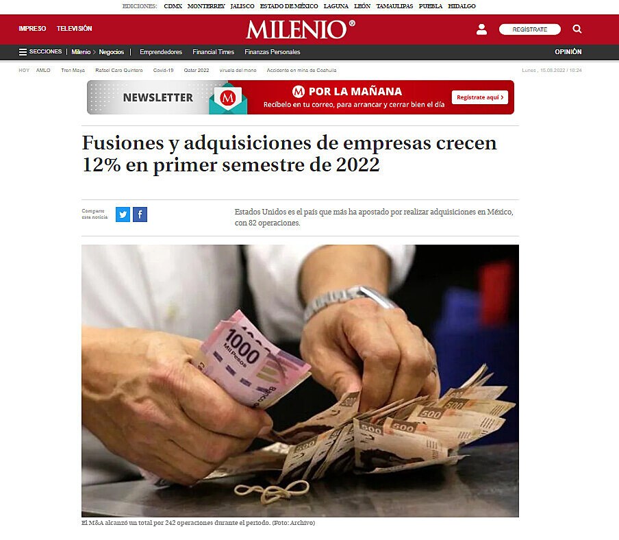 Fusiones y adquisiciones de empresas crecen 12% en primer semestre de 2022